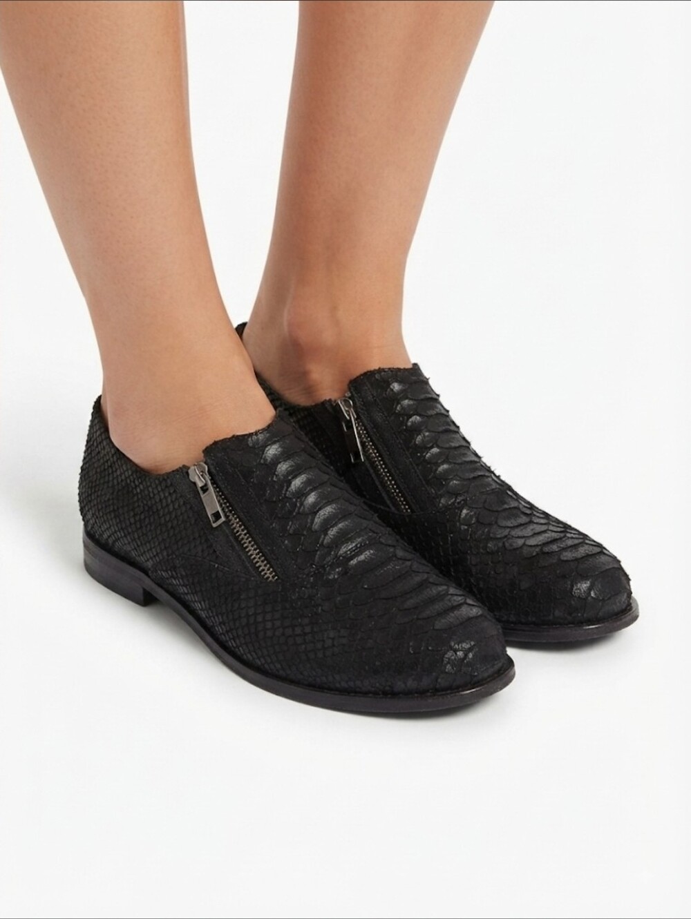 Free People Black Leather Double-zipper Snakeskin Textured Flats Size 40